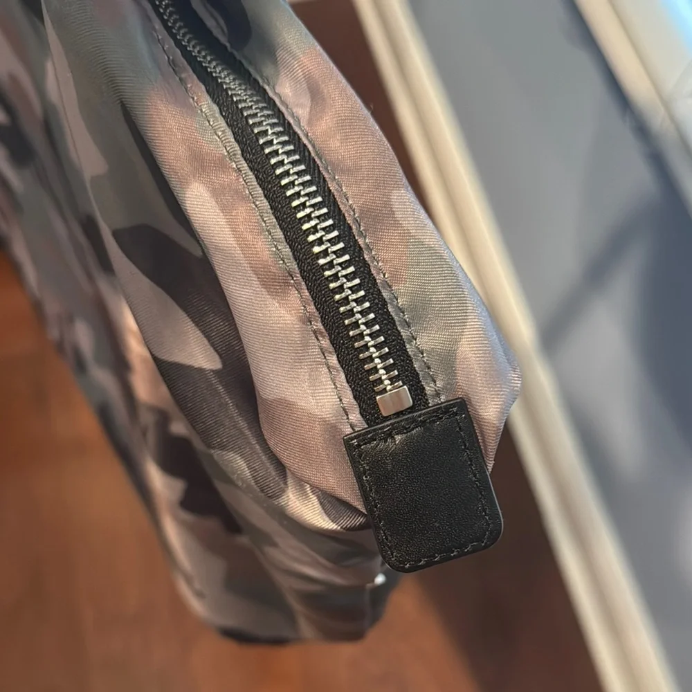 Rebecca Minkoff camouflage camo tote brown leather handles green brown pattern